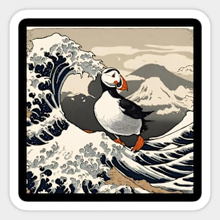 Vintage Retro Puffin Bird Surfing in the Great Wave Japanese Culture Sticker